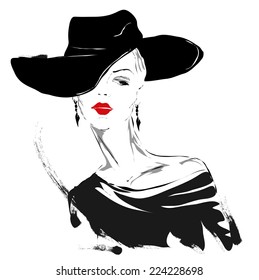 Modern girl, sketch, red lips, white background, fashionable hairstyle, hat 