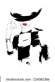 Modern girl, sketch, red lips, white background, hat 