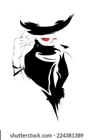 Modern girl, sketch, red lips, white background, hat 