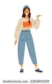 Modern girl student pointing hand gesture, flat cartoon design, standing female character in casual clothes. Vector illustration isolated on white background.