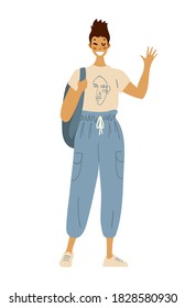Modern girl student standing with backpack and books. Flat vector female character in hoodie and fashion jeans. Back to school. Flat stock illustration