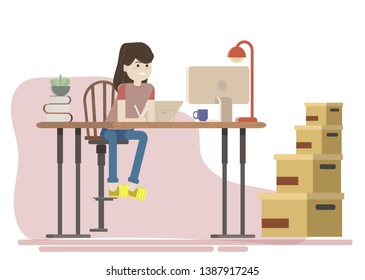 Modern girl working on her tablet white background, editable vector illustration, flat design, desktop computer, study table, modern office, graphic designer, web designer