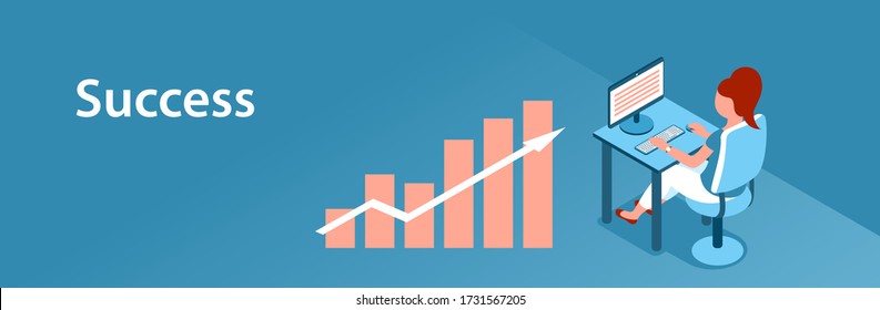 Modern girl works at a laptop in the office. Sits by the table. Financial growth chart. Vector illustration banner with blue background. Isometric style.