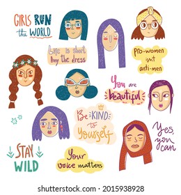 Modern Girls doodle collection with hand lettering. Different women faces in simple style. Different characters, femenism quotes.