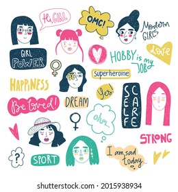 Modern Girls doodle collection with hand lettering. Different women faces in simple style. Different characters, femenism quotes.