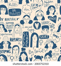 Modern Girls doodle seamless pattern with hand lettering. Different women faces in simple style.