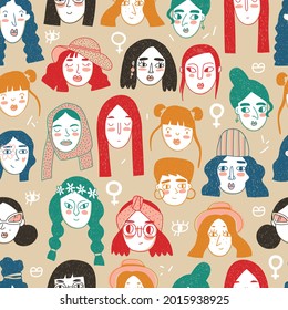 Modern Girls doodle seamless pattern. Different women faces in simple style. Different characters