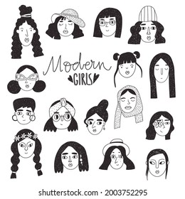 Modern Girls doodle set. Different women faces in simple style.