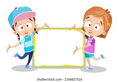 Modern girls are dressed in blue and pink shirts, having pigtails, clips and pointing and blank board. Children classmates become smart. Colorful illustration of characters on white background