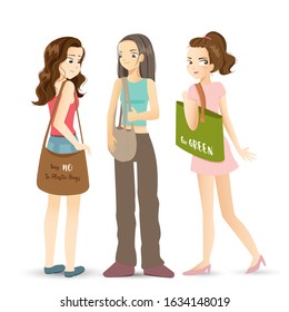 Modern girls holding canvas fabric bag for shopping isolated on white background
