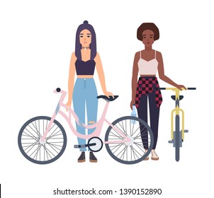 Modern girls standing with bicycles. Cartoon flat colorful vector illustration.