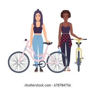 Modern girls standing with bicycles. Cartoon flat colorful vector illustration.