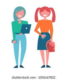 Modern girls students in fashionable cloth, vector illustration of smart schoolgirls with laptop and smartphones, holding backpack vector illustration