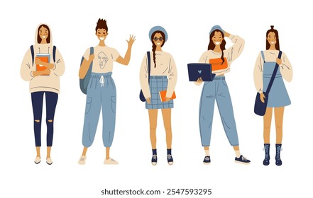 Modern girls students with gadgets, textbooks and backpacks. Outfit of young girls. Set of flat characters.