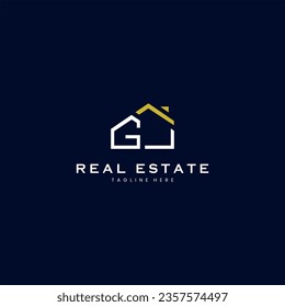 modern GJ letter real estate logo in linear style with simple roof building in blue