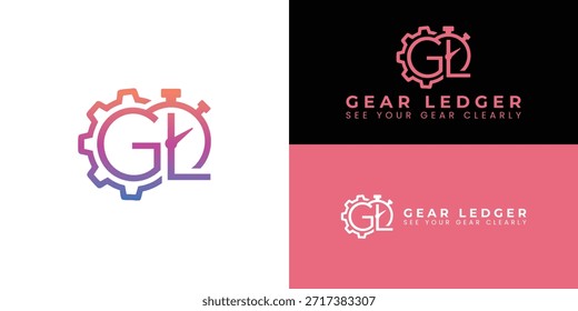O monograma GL moderno é para um site que testa e compara equipamentos esportivos. O G incorpora uma engrenagem mecânica, e o L possui um cronômetro. Juntos, eles simbolizam o teste técnico e o desempenho por meio de um elegante gradiente de cores.