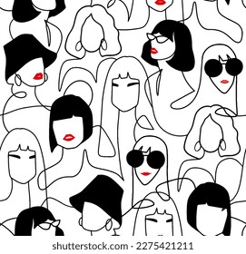 Las mujeres que dibujan una línea moderna y glamurosa se enfrentan a un patrón ininterrumpido. Vector de línea moderno afiche de moda, estilo minimalista. Retrato femenino de fondo interminable. 