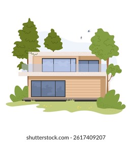 Modern glamping house with flat roof, panoramic windows and wooden facade surrounded by green trees. Stylish modular eco-home in forest Comfortable outdoor recreation concept. Flat vector illustration