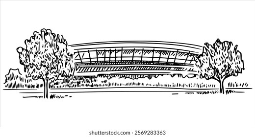 modern glass building with trees and grassy surroundings hand drawn doodle sketch