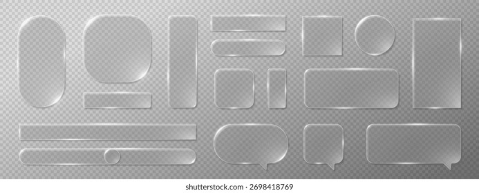Botão de vidro moderno e conjunto de quadros de IU com efeito brilhante transparente. Estilo de morfismo de vidro líquido para app, web ou interface HUD. Design vetorial 3D futurista com luz suave e reflexão.