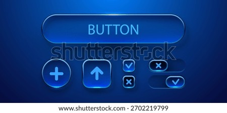 Modern glass button ui set. Modern liquid glass button set. Switch, toggle, radio button. Vector illustrator