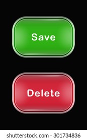 Modern Glass Buttons Save Delete. Rectangular Shape with Rounded Corners. Keypad. Push Button. Interface Icons