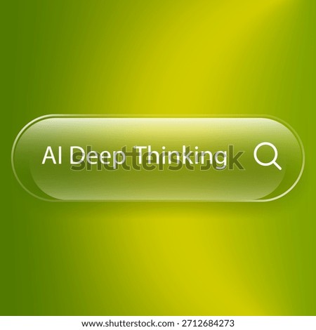 A modern glass effect search button featuring the text AI Deep Thinking on a vibrant green yellow gradient background