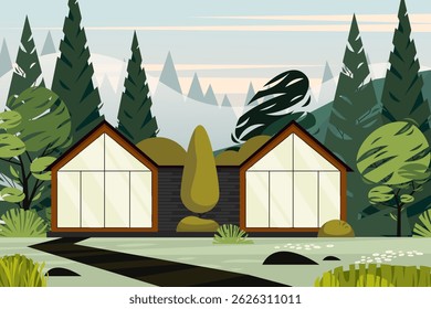 Modern glass house with terrace and garden surrounded by trees and mountains. Eco friendly housing, real estate, scenic tourism. Vector flat landscape illustration.