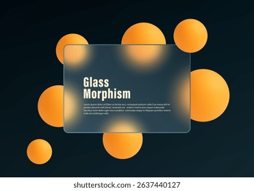 Modern glass morphism design featuring a frosted card and bright orange 3D spheres on a dark tech-style background.