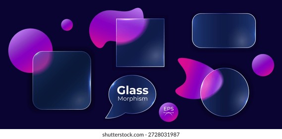 Moderno kit de interfaz de usuario de morfismo de vidrio con paneles transparentes, Botones y burbujas de discurso. Elementos de interfaz abstractos futuristas para diseño App, diseño de Sitio web, tablero de instrumentos y producto digital. Vector.