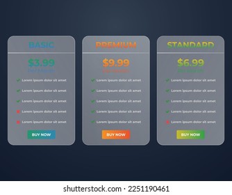 Modern glass morphism web pricing table comparison chart UI design template