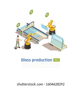 Modern glass production technology isometric composition with computer controlled robotic arm assembling on conveyor belt vector illustration 