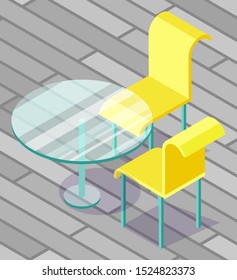 Modern Glass Round Table And Two Yellow Chairs With Blue Legs Standing On The Veranda. Beautiful Pieces Of Furniture. Outdoor Dining Set 3d Isometric Vector Illustration