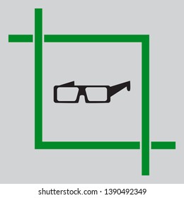 Modern glass sign. Black icon inside green crop tool at light gray background