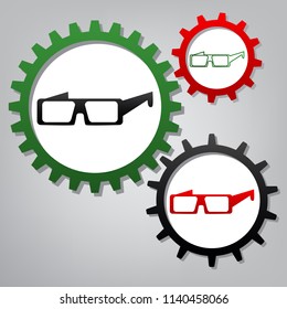 Modern glass sign. Vector. Three connected gears with icons at grayish background.