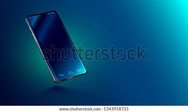 Modern glass smartphone hanging over the table\
with a smooth dark blue surface in perspective view with\
reflection. Realistic vector illustration isometric phone. Mock up\
or template shiny\
cellphone.