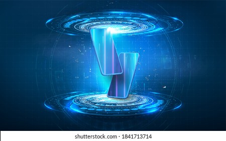 A modern glass smartphone hangs in a futuristic portal, blue circles. Futuristic style, hanging in the air with futuristic clouds for writing technical characteristics. Mockup phone. Vector