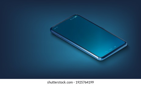 Modern glass smartphone on the table with a smooth dark blue surface in perspective view with reflection. Mockup or template shiny cellphone