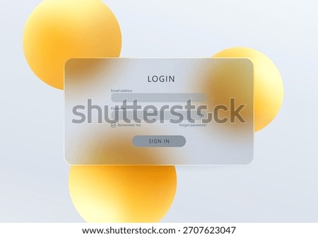 Modern glass style login panel with rounded transparent card and floating yellow spheres on soft light background for web and app UI