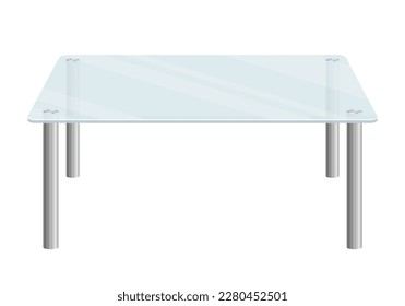 Modern glass table isolated on white background. Transparent coffee table icon with metal legs. Furniture for interior. Vector illustration