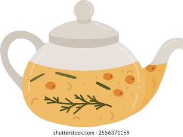 Modern, glass teapot with fruit tea. Tea time, hot drink