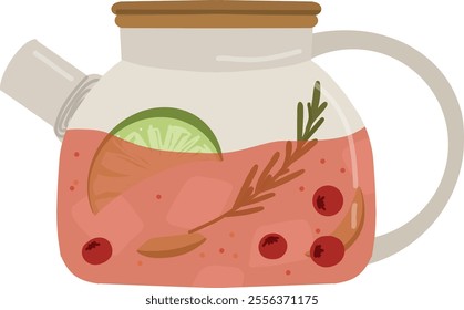 Modern, glass teapot with fruit tea. Tea time, hot drink