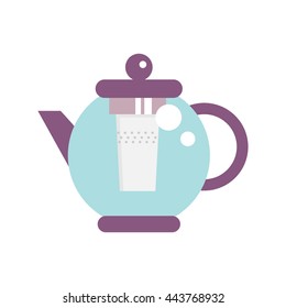 Modern Glass Teapot with Infuser. Tea, coffee kettle illustration. Hot teapot flat icon. Isolated straight lines kettle on white background.