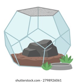 Modern glass terrarium container featuring decorative stones and miniature green plants for indoor garden arrangement.