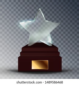 Modern Glass Trophy Award In Star Form Vector. Concept Of Glossy Trophy On Wooden Pedestal With Blank Golden Plate. Premium Prize Reward For Actor And Singer Template Realistic 3d Illustration