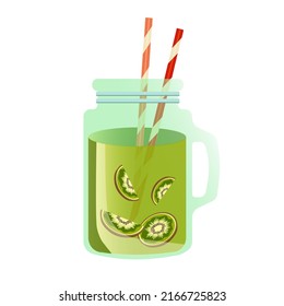 Modern glass tumbler with kiwi juice and drinking straw. Summer cold drink. Kiwi smoothie. Homemade lemonade.