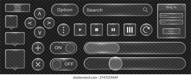 Modern glass UI elements collection. Vector search field and notification window, toggle switch and close icon, plus symbol and refresh control, pause button and interactive interface components