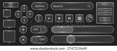 Modern glass UI elements collection. Vector search field and notification window, toggle switch and close icon, plus symbol and refresh control, pause button and interactive interface components