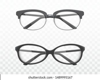 Modern glasses, classic design eyeglasses with black, plastic or metallic, full-rimmed and semi-rimless frame 3d realistic vector isolated on transparent background. Spectacles shop ad design element