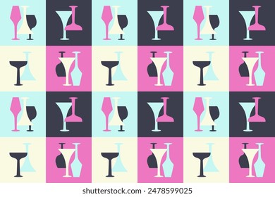 Modern Glasses seamless pattern. Futuristic trendy minimalist design. Glass stemware. Pink, blue, black silhouettes of  Wineglasses, alcohol Drinks, cocktails, wine, champagne. Vector illustration